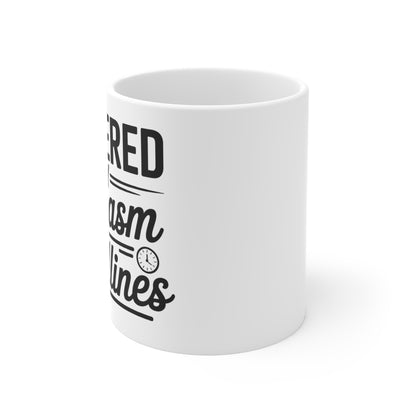 “Powered By Sarcasm & Deadlines” Mug